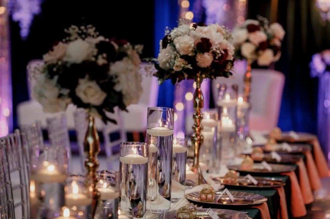 Burgundy and blush tablescape with tall centerpieces